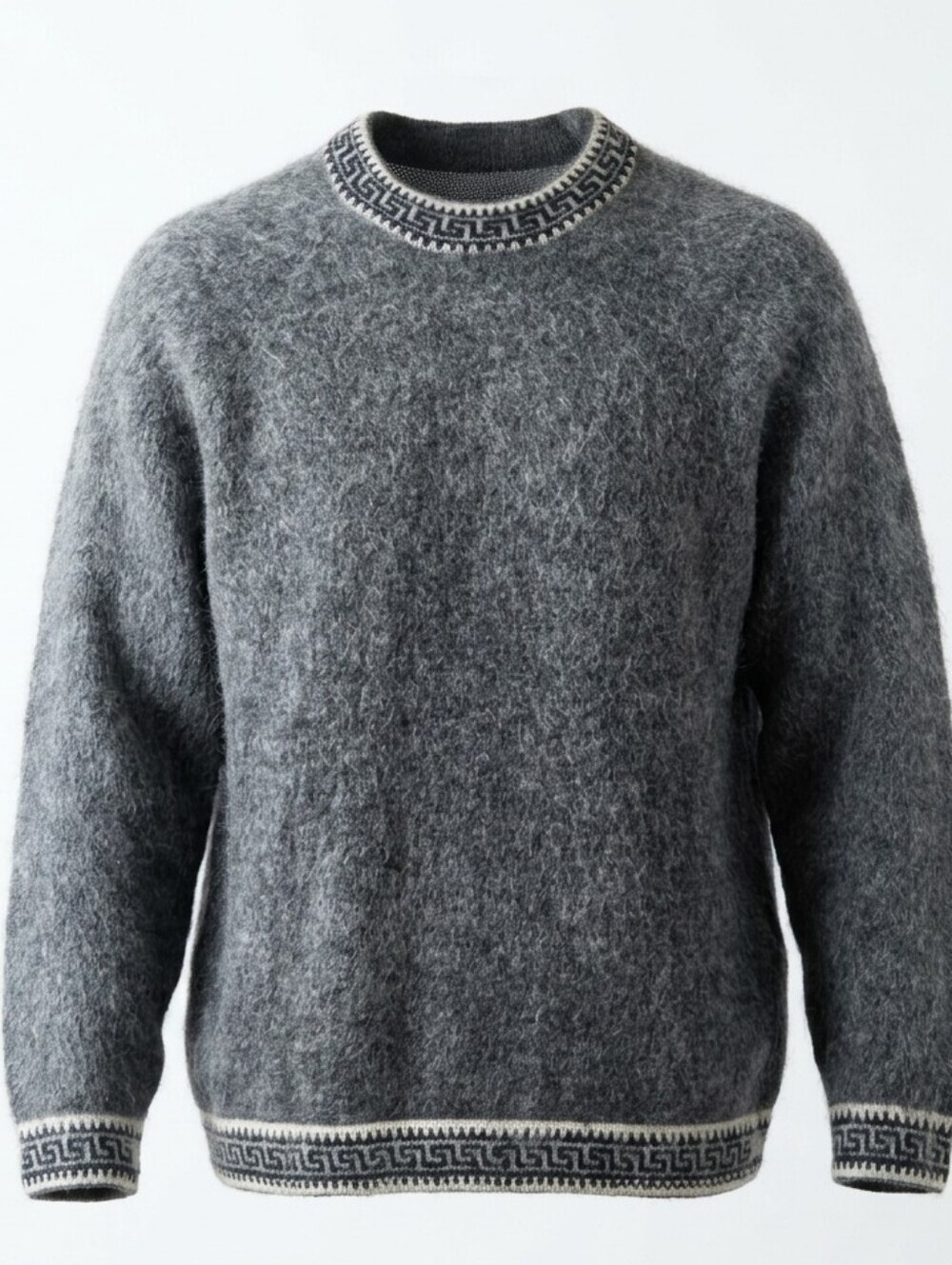 Peruvian Handmade Alpaca Wool Sweater Greek Key Trim Jumper Charcoal Grey Sz M